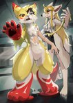 anthro barefoot blue_eyes bottomwear clothing coat countershading duo feet female goo_transformation human_to_anthro inside lab_coat male pawpads red_eyes skirt smile species_transformation standing topwear transformation white_body white_countershading shizumi_tsubasa canid canine fox goo_creature human mammal 2021 absurd_res hi_res