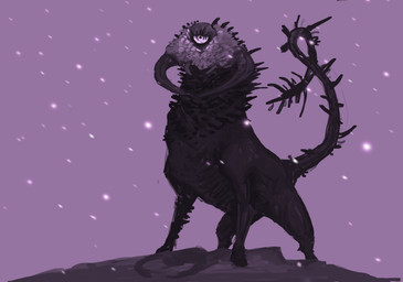 1_eye ambiguous_gender black_body cast_shadow detailed_background feral front_view hooves long_tail looking_away mandibles outside purple_eyes quadruped rock ruff solo spiked_tail spikes spikes_(anatomy) standing tail thin_tail three-quarter_view unguligrade ovenbakedcheese elden_ring fromsoftware elemental_creature fallingstar_beast mineral_fauna 2022 absurd_res digital_media_(artwork) digital_painting_(artwork) hi_res monochrome painting_(artwork) procreate_(artwork) shaded soft_shading