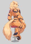 4_toes ankle_tuft anthro anthrofied arm_tuft barazoku biceps big_butt big_feet biped black_markings black_nipples black_nose black_pawpads black_stripes blue_eyes butt cheek_tuft claws crossed_feet curling_toes deltoids digitigrade ears_back facial_tuft feet finger_claws fingers fluffy fluffy_mane fluffy_tail forearm_muscles fur furniture grey_background hand_on_leg head_tuft inner_ear_fluff leg_tuft looking_at_viewer looking_back male mane markings multicolored_body multicolored_fur muscular muscular_anthro muscular_male neck_tuft nipples nude orange_body orange_fur pawpads paws pivoted_ears pokemorph pose seductive simple_background sitting sitting_on_stool smile snout solo stool striped_body striped_fur striped_markings stripes tail tan_body tan_fur thick_thighs toe_claws toes triceps tuft white_claws wrist_tuft negy nintendo pokemon arcanine generation_1_pokemon pokemon_(species) 2025 hi_res shaded