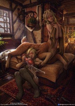 3d_background animal_genitalia animal_penis bed big_penis biped black_clothing black_legwear black_thigh_highs blonde_hair blush bodily_fluids bra breasts brown_body brown_fur clothing covering covering_breasts covering_self cum dripping duo ear_piercing ear_ring ejaculation equine_genitalia equine_penis erection excessive_cum excessive_genital_fluids female female_on_taur fur furniture genital_fluids genitals gynomorph gynomorph/female gynomorph_on_humanoid hair hairy_vulva handjob hooves horn huge_penis humanoid_on_taur intersex intersex/female intersex_on_humanoid larger_gynomorph larger_intersex larger_taur legwear long_hair markings nude_gynomorph nude_taur on_bed penile penis piercing pubes quadruped red_penis ring_piercing scut_tail sex short_tail sitting size_difference smaller_female smaller_humanoid spots spotted_body spotted_fur tail text thigh_highs tongue tongue_out two-handed_handjob underwear white_body white_fur the_gentle_giant aldair_rottmother teyre_al_nohran deer deer_taur elf humanoid humanoid_taur mammal mammal_taur taur 2026 3d_(artwork) absurd_res digital_media_(artwork) english_text hi_res mixed_media