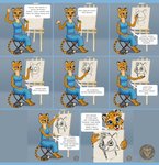 absurd_res anthro blue_clothing blue_dress canid canine canis cheetah clothing comic countershading dialogue drawing drawing_in_a_drawing dress english_text felid feline female fur hi_res julia_(vestina) letterbox long_tail mammal markings simple_background solo spots spotted_body spotted_fur tail text vestina watermark wolf