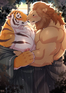 anthro anthro_on_anthro barazoku big_muscles big_pecs brown_body brown_fur clothing detailed_background duo fur love male male/male male_anthro mane muscular muscular_anthro muscular_male narrowed_eyes nipples orange_body orange_fur pecs romantic romantic_couple standing striped_body striped_fur stripes undressing white_body white_fur giraffe_(artist) lam-chan lion-san felid lion mammal pantherine tiger absurd_res hi_res