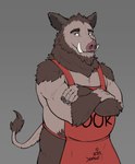 anthro apron apron_only arm_tuft beard chef_uniform clothing crossed_arms facial_hair male mostly_nude shoulder_tuft smile solo tuft tusks danero minotaur_hotel khenbish_(minotaur_hotel) mammal suid suine sus_(pig) wild_boar hi_res