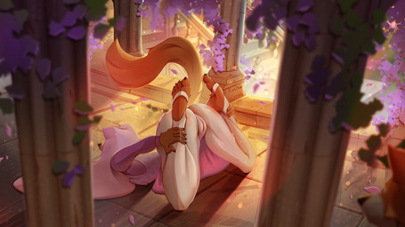ambiguous_gender anthro being_watched blush bottomwear butt clothed clothing duo female female_focus flower fur genitals headgear headwear light light_beam looking_at_another lying lying_on_ground medieval medieval_architecture medieval_clothing medieval_fantasy on_front on_ground outline outside pants petals plant solo_focus summer sunbeam sunlight tail vulva yoga yoga_pants panika disney robin_hood_(disney) maid_marian canid canine fox mammal 16:9 digital_media_(artwork) hi_res widescreen