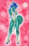 anthro babydoll biped blue_eyes blue_hair breasts clothing female footwear fur genitals green_body green_fur hair high_heels lingerie nightgown nipples pussy ribbons shoes solo tail dark_vanessa lilith_(maxiscore) canid canine canis mammal undead vampire wolf absurd_res hi_res