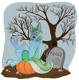 4_toes anthro black_markings black_nose claws death dirt feet food fruit fur green_body green_eyes green_fur hair holidays looking_at_viewer male markings pawpads paws plant pumpkin rock simple_background sitting smile solo text toe_claws toes tombstone tree whiskers white_body white_fur strawbear halloween fidget_the_fox canid canine fox ghost mammal spirit absurd_res digital_media_(artwork) english_text hi_res