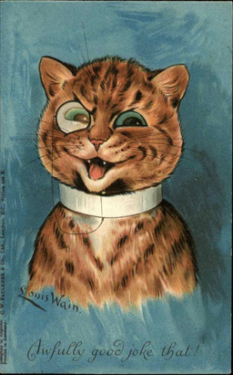 anthro blue_sclera clothed clothed_anthro clothing eyewear fangs fur male monocle narrowed_eyes open_mouth semi-anthro simple_background smile smirk solo teeth text tongue whiskers louis_wain public_domain domestic_cat felid feline felis mammal 20th_century ancient_art bust_portrait english_text hi_res portrait signature traditional_media_(artwork)