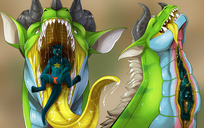 anthro anthro_prey big_ears big_neck black_nose_horn blue_body blue_ears blue_eyes blue_fur blue_hair blue_lower_jaw blue_nose blue_pawpads blue_tail blue_tongue bodily_fluids bottomwear bright_colors bulge chest_tuft clothed clothing dark_blue_pawpads deep_swallow drooling drooling_tongue duo enjoying esophagus eyes_closed facial_horn feet feral fur gaped_throat gaping gaping_mouth green_body green_ears green_skin green_stripes grey_ears grey_horn hair hands_up happy head_first hindpaw horn in_mouth inside_throat internal lime_green long_neck long_tongue male mane mouth_play mouth_shot multicolored_body multicolored_fur narrowed_eyes neck_bulge nose_horn on_tongue open_mouth orange_bottomwear orange_clothing orange_eyes pawpads paws pink_insides pointed_tail pointy_ears prey_in_mouth red_bottomwear red_clothing red_speedo red_swimwear red_underwear round_ears saliva saliva_on_tongue saliva_string satisfied satisfied_look shiny_horns side_tongue speedo star stripes swallowed swallowed_alive swallowing swimwear tail teeth thick_neck throat tongue tuft two_tone_body two_tone_fur underwear underwear_only vore wet white_inner_ear white_mane x-ray_view yellow_insides yellow_star yellow_tongue swampjaws mythology dragon mammal mustelid mythological_creature mythological_scalie otter scalie hi_res