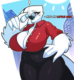 anthro beak big_breasts black_beak black_eyeshadow breasts button_(fastener) chest_tuft cleavage clothed clothing day eyeshadow eyewear feather_hands feathers female glasses hair huge_breasts makeup mole_under_eye non-mammal_breasts outside red_clothing red_topwear sky smile solo tail tail_feathers talking_to_viewer thick_thighs tight_clothing topwear tuft wearing_glasses white_body white_feathers white_hair wide_hips vattarena kanna_(vattarena) avian bird absurd_res hi_res