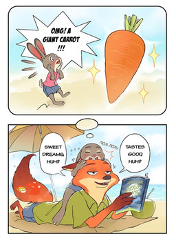 anthro beach black_ears black_nose blush blush_lines book brown_ears buckteeth carrot clothed clothing countershading dialogue dipstick_ears dream duo ear_markings eyelashes female female_anthro food fur green_eyes grey_body grey_ears grey_fur long_tail male male_anthro multicolored_body multicolored_ears multicolored_fur orange_body orange_ears orange_fur orange_tail pink_inner_ear pink_nose plant pupils purple_eyes sleeping tail tan_body tan_countershading tan_fur tan_inner_ear teeth text two_tone_ears vegetable white_body white_countershading white_fur unoday_studio disney zootopia judy_hopps nick_wilde canid canine european_rabbit fox lagomorph leporid mammal oryctolagus rabbit red_fox true_fox 2koma comic english_text hi_res