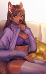 anthro black_nose breasts brown_body brown_fur brown_hair cleavage clothed clothing female fingers fur hair inner_ear_fluff lingerie looking_at_viewer sitting solo tuft noisykoala tani_rinkan canid canine canis mammal wolf 5:8 hi_res