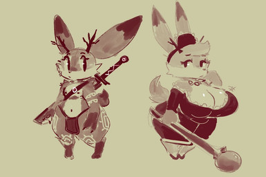 anthro antlers big_breasts biped bottomwear breast_size_difference breasts cheek_tuft cleavage clothed clothing dipstick_ears dipstick_tail dress duo ear_markings eyelashes facial_tuft female flat_chested footwear fur fur_markings hair holding_object holding_staff horn huge_hips huge_thighs loincloth long_ears looking_at_another magic_staff maid_headdress maid_uniform markings melee_weapon multicolored_ears navel nipples scabbard shoes short_tail shortstack simple_background staff standing sword tail tail_markings tan_background thick_thighs three-quarter_view topless topless_female tuft uniform weapon wide_hips kiseff atlyss lagomorph leporid mammal poon_(atlyss) rabbit 2021 concept_art digital_drawing_(artwork) digital_media_(artwork) full-length_portrait monochrome official_art portrait sepia source_request