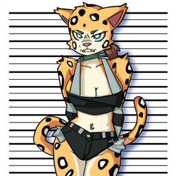 angry anthro bound breasts captured clothed clothing female hands_behind_back mugshot skimpy solo pixelbombpop monkey_wrench_(series) background_character jaguar_girl_(monkey_wrench) felid feline jaguar mammal pantherine 1:1 hi_res