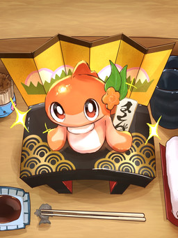 ambiguous_gender chopsticks container cup feral food looking_at_viewer looking_up looking_up_at_viewer solo soy_sauce sparkles namekuj1hey nintendo pokemon generation_1_pokemon generation_2_pokemon generation_9_pokemon magikarp pokemon_(species) tatsugiri tatsugiri_(curly_form) wooper 3:4 hi_res