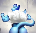 against_surface against_wall anthro back_muscles bent_tail biceps big_butt big_muscles blue_body blue_hair blue_skin bottomless bottomless_anthro bottomless_male bubble_butt butt clothed clothing hair half-closed_eyes horn huge_muscles leaning leaning_forward looking_at_viewer looking_back looking_back_at_viewer male muscular muscular_anthro muscular_male narrowed_eyes pose presenting presenting_hindquarters raised_tail rear_view shirt short_hair simple_background solo tail tail_aside topwear triceps vein veiny_muscles canon15 mythology cetus dragon mythological_creature mythological_scalie scalie 2012 half-length_portrait portrait