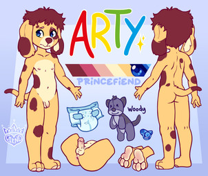 anthro anus balls blue_background blue_eyes brown_body brown_ears brown_fur brown_hair brown_nose brown_spots brown_tail butt clothing diaper erection feet flaccid front_view fur genitals hair hindpaw male markings multicolored_body multicolored_ears multicolored_fur nervous nipples pacifier paws penis plushie rear_view simple_background small_penis solo spots spotted_body spotted_fur tail tan_body tan_fur text two_tone_ears two_tone_tail yellow_body yellow_ears yellow_fur yellow_tail young young_anthro princefiend arty_(princefiend) beagle canid canine canis domestic_dog hunting_dog mammal scent_hound 2023 digital_media_(artwork) hi_res model_sheet