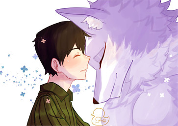 black_hair domestic_pet duo feral hair male master size_difference masochesee campfire_cooking_in_another_world_with_my_absurd_skill fel_(campfire_cooking) mukoda_tsuyoshi canid canine canis human mammal wolf hi_res