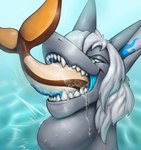 anthro bodily_fluids duo eating grey_body grey_hair grey_skin hair in_mouth male markings neck_bulge open_mouth saliva solo tan_body tan_skin teeth vore water koshquasar bow_(bowhuskers) fish marine shark hi_res