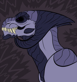 anthro black_body black_horn black_scales fangs grey_body grey_scales horn male mouth_closed nude scales side_view simple_background solo teeth unsigned kardinaluz species_request bust_portrait portrait