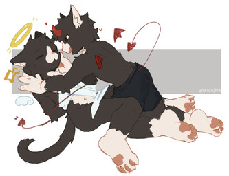 2_horns anthro bdsm black_body black_eyes black_fur bondage bottomwear bound clothed clothing duo eyes_closed fur halo hands_behind_back horn kemono licking licking_lips looking_at_another looking_at_viewer male pawpads pink_pawpads pinned pinned_to_ground red_horn shorts shorts_only slim_anthro slim_male tail tail_bondage tail_tied tongue tongue_out topless asenjian angel demon domestic_cat felid feline felis mammal 2025 hi_res