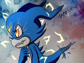 angry anthro blood blood_on_face blue_body bodily_fluids claws corruption damaged electricity evolution_(transformation) lightning male solo transformation yellow_eyes zeroglow bandai_namco digimon metaphor:_refantazio mythology digimon_(species) dragon mythological_creature mythological_scalie scalie veemon