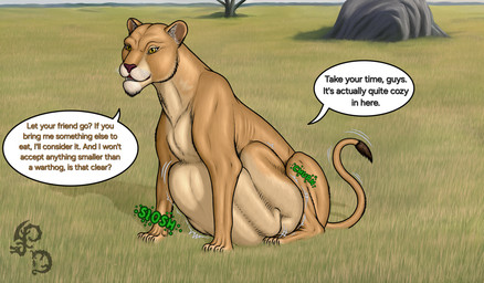 after_vore belly big_belly brown_nose brown_tail_tip dialogue dipstick_tail duo female feral feral_pred human_prey markings plant rock rumbling_stomach savanna speech_bubble tail tail_markings talking_feral tan_body tan_legs tan_tail text tree vore whiskers yellow_eyes dragonczech felid human lion mammal pantherine 2025 english_text hi_res watermark