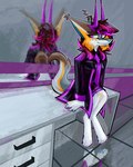 6_fingers antennae_(anatomy) anthro bottomwear clothing coat desk female fingers fur furniture glistening glistening_clothing herm intersex latex latex_clothing paws purple_eyes reflection skirt solo table topwear white_body white_fur yellow_body yellow_fur mossky grajess canid canine felid feline hybrid mammal