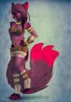 anthro breasts clothed clothing female fur hair looking_at_viewer multi_tail purple_body purple_fur purple_hair red_eyes skimpy smile solo tail under_boob whiskers nayel-ie arima canid canine fox mammal