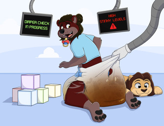 anthro diaper diaper_check feces kneeling male rear_view side_view soiled_diaper solo text unclean_diaper used_diaper baltnwolf felid lion mammal pantherine english_text hi_res