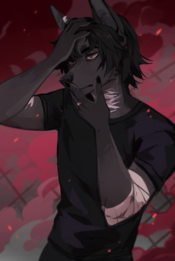 abstract_background anthro bandage bandaged_arm black_bottomwear black_clothing black_hair black_nose black_pants black_shirt black_t-shirt black_topwear bottomwear clothed clothing fur grey_body grey_fur hair male mouth_closed multicolored_body multicolored_fur narrowed_eyes pants shirt solo standing t-shirt topwear unsigned white_body white_fur corzh77 canid canine canis domestic_dog mammal absurd_res half-length_portrait hi_res portrait