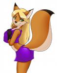 anthro big_breasts biped black_nose blonde_hair bottomwear breasts brown_body brown_fur clothed clothing crop_top dipstick_ears dipstick_tail ear_markings eyebrow_through_hair eyebrows female fur green_eyes hair hand_on_breast long_hair looking_at_viewer markings midriff multicolored_ears pose raised_tail shirt shorts side_view simple_background smile solo standing tail tail_markings topwear translucent translucent_hair white_background nekonny canid canine fox mammal digital_drawing_(artwork) digital_media_(artwork) pinup portrait shaded soft_shading three-quarter_portrait