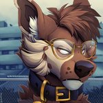 angry annoyed anthro black_nose brown_body brown_fur ears_up eyewear fur glasses leash male orange_eyes solo teeth white_body white_fur tazara kovie_(koviepup) canid canine canis coyote mammal 1:1 bust_portrait icon portrait