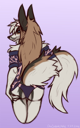 accessory anthro bikini bikini_bottom black_body black_fur black_nose black_sclera blue_eyes brown_body brown_fur brown_hair butt butt_grab clothed clothing female floral_print flower flower_in_hair fur hair hair_accessory hand_on_butt hand_on_own_butt humanoid_hands long_hair looking_at_viewer looking_back looking_back_at_viewer open_clothing open_shirt open_topwear plant presenting presenting_hindquarters purple_background shirt simple_background smile smiling_at_viewer solo swimwear tail tan_body tan_fur topwear two-piece_swimsuit dansharkman fex_(silverfoxx747) canid canine fox mammal 2026 5:8 digital_drawing_(artwork) digital_media_(artwork) english_description hi_res