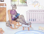 ambiguous_gender anthro baby baby_bottle changing_table clean_diaper clothed clothing crib detailed_background diaper duo eyes_closed fur hair inside nursery_mobile plushie rocking_chair shirt sitting smile topwear wearing_diaper window young young_anthro monsterbunny domestic_cat felid feline felis mammal 2018 archived_source digital_drawing_(artwork) digital_media_(artwork)