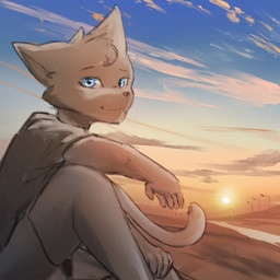 anthro blue_eyes brown_body brown_fur cloud fur male sitting sky solo sunset twilight stampmats 1:1 hi_res