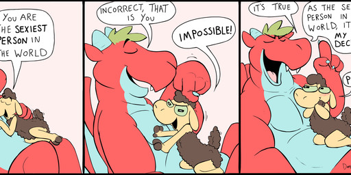 anthro black_border blush border brown_body compliment cuddling cute_fangs dialogue duo eyes_closed fangs finger_on_head fur gesture hand_gesture hands_together happy horn kneeling_on_another larger_on_bottom looking_at_another male male/male on_top_of overbite pointing pointing_up red_body size_difference smaller_on_top teeth text wool_(fur) daztoons mythology jago_(daztoons) shervin_(daztoons) bovid caprine dragon mammal mythological_creature mythological_scalie scalie sheep 2023 comic dated english_text hi_res signature