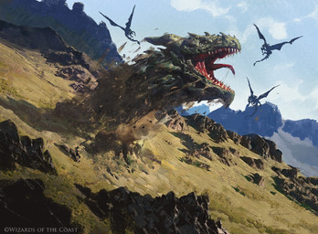 ambiguous_gender day dutch_angle feral flying group horn macro membrane_(anatomy) membranous_wings mountain open_mouth outside rock sharp_teeth tail teeth tongue tongue_out wings 88grzes hasbro magic:_the_gathering mythology wizards_of_the_coast dragon mythological_creature mythological_scalie scalie wurm official_art