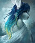 anthro blue_eyes blue_hair breasts clothed clothing female fur hair solo white_body white_fur juliathedragoncat lagomorph leporid mammal rabbit 2017 digital_media_(artwork) hi_res