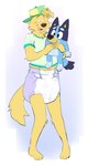 ageplay anthro baseball_cap clean_diaper clothed clothing diaper fur hat headgear headwear holding_object holding_plushie male plushie roleplay shirt sideways_baseball_cap simple_background solo standing topwear wearing_diaper white_background yellow_body yellow_fur slusheep bluey_(series) bluey_heeler canid canine canis domestic_dog mammal absurd_res hi_res