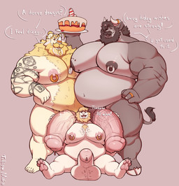 animal_genitalia animal_penis anthro arm_tattoo barazoku beard belly belly_hair big_belly big_moobs big_muscles big_nipples big_pecs big_penis birthday bite_mark_on_breast bodily_fluids body_hair braided_beard cake chest_hair chest_tuft dessert dialogue equine_genitalia equine_penis eyes_closed facial_hair food front_view genital_fluids genitals group hair hair_bun happy_trail holding_food holding_object horn horn_jewelry horn_ring huge_pecs huge_penis jewelry larger_male leaking_precum male male/male medial_ring moobs musclegut muscular muscular_arms muscular_legs muscular_male navel nipple_piercing nipple_ring nipples overweight overweight_male pawpads pecs penis piercing precum ring_(jewelry) ring_piercing scar sitting size_difference smaller_male smile speech_bubble standing tail tail_tuft talking_to_another tattoo text thick_thighs trio tuft vein veiny_penis tilionmaia tillion bovid bovine cattle lagomorph leporid mammal rabbit rhinoceros english_text hi_res