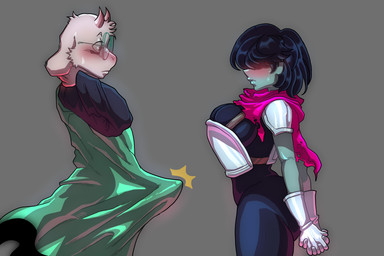 anthro armor blush bodily_fluids breasts clothing duo erection erection_under_clothing eyewear female glasses gloves hand_behind_neck hands_behind_back handwear looking_at_breasts male obscured_eyes robe sweat sweatdrop kristhianquint4 makimura_oku deltarune undertale_(series) kris_dreemurr ralsei human mammal 3:2 hi_res
