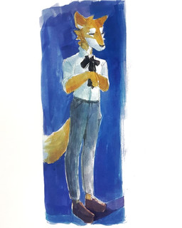 anthro bottomwear brown_clothing brown_footwear brown_shoes cheek_tuft clothed clothing eyes_closed facial_tuft footwear front_view fur grey_bottomwear grey_clothing grey_pants head_tuft male orange_body orange_fur pants shoes simple_background solo standing topwear tuft unsigned white_body white_clothing white_fur white_topwear akatan_art canid canine fox mammal 4:5 full-length_portrait hi_res portrait traditional_media_(artwork)