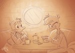 anthro bangs bathrobe bedhead beverage brown_background cheek_tuft chest_tuft clothing coffee coffee_mug duo eyewear facial_tuft glasses hand_under_chin head_tuft holding_object male neck_tuft orange_background pajamas robe simple_background sitting_at_table stirring tuft yellow_background shellyochunks disney ducktales ducktales_(2017) donald_duck gyro_gearloose anatid anseriform avian bird chicken duck galliform gallus_(genus) phasianid 2023 dated restricted_palette signature