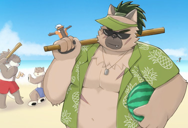 anthro belly brown_body brown_fur clothed clothing cute_fangs eyewear fangs food fruit fur group humanoid_hands male melon moobs open_clothing open_shirt open_topwear overweight overweight_male plant shirt sunglasses swimwear teeth topwear watermelon soraisdying lifewonders tokyo_afterschool_summoners moritaka_(tas) shino_(tas) tadatomo_(tas) yasuyori_(tas) canid canine canis domestic_dog mammal 2021