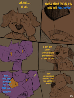 ambiguous_gender anthro big_ears blue_text cloak close-up clothed clothing comic_panel dialogue duo gloves handwear laugh purple_body text yellow_eyes yellow_text conditional_dnp dacad tyler_(dacad) zipper_(dacad) bat canid canine mammal comic hi_res restricted_palette