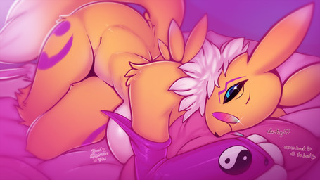 anthro bed bedroom_eyes big_breasts big_butt black_sclera blue_eyes breasts butt butt_from_the_front dialogue dipstick_tail eyewear female fur furniture glasses lying markings narrowed_eyes neck_tuft nude on_bed on_side pince-nez seductive solo tail tail_markings text tuft wide_hips yellow_body yellow_fur conditional_dnp yourdigimongirl bandai_namco digimon digi_(yourdigimongirl) canid digimon_(species) mammal renamon 16:9 2022 digital_media_(artwork) english_text hi_res shaded widescreen