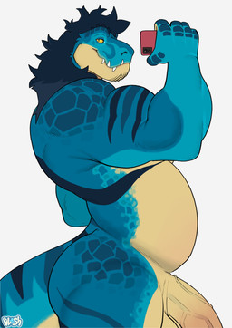 anthro belly big_penis blue_body blue_scales facial_hair genitals humanoid_genitalia humanoid_penis male muscular muscular_anthro muscular_male overweight overweight_anthro overweight_male penis scales sharp_teeth side_view simple_background solo tail taking_picture taking_selfie teeth thick_tail vein veiny_penis bluesh dinosaur prehistoric_species reptile saurischian scalie theropod tyrannosaurid tyrannosauroid tyrannosaurus tyrannosaurus_rex absurd_res hi_res