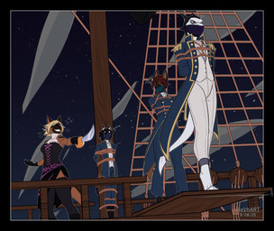 angry anthro arms_tied bdsm black_clothing black_hair black_legwear black_thigh_highs blonde_hair bodily_fluids bondage boots bound brown_body brown_fur clothed clothed_anthro clothed_female clothed_male clothing corset cuff_(restraint) dominant dominant_female domino_mask dress eyemask eyewear female footwear fur gag gagged gid gloves guy_in_distress hair handwear horn leggings legwear lingerie male mask melee_weapon night otm_gag otn_gag paws peril pirates red_hair restraints rope rope_bondage saber sash shackles ship shoes sky submissive submissive_male suit sweat sword tail text thigh_highs tied_to_mast topwear vehicle walking_the_plank watercraft weapon white_body trevhart mythology andrea_rayne dora_schutzhund kelshin trevon canid canine canis domestic_cat domestic_dog dragon felid feline felis german_shepherd herding_dog lizard mammal mythological_creature mythological_scalie pastoral_dog reptile scalie 2025 absurd_res english_text hi_res