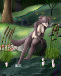 anthro areola big_breasts blue_eyes breasts brown_body brown_fur casual_nudity clothing clothing_aside creek evergreen_tree feet female fingers flower fur grove leaning leaning_forward lily_pad moss nature nature_background nipples outside pine_tree plant plantigrade pond pubes public public_nudity rock sapling sitting smile solo tan_body tan_fur toes tree voyeur_pov water waterfall akiak-wolf beastars juno_(beastars) canid canine canis mammal wolf absurd_res digital_media_(artwork) digital_painting_(artwork) hi_res painting_(artwork)