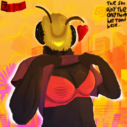 antennae_(anatomy) anthro black_body city clothed clothing clothing_lift female heart_symbol lingerie looking_at_viewer mandibles shirt shirt_lift solo sun text topwear translucent translucent_clothing benzfur arthropod bee bumble_bee_(species) hymenopteran insect 1:1 hi_res
